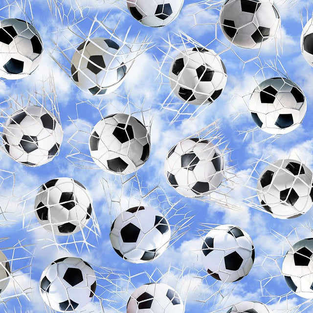 Cotton Print Blue Soccer Balls in Nets Fabric