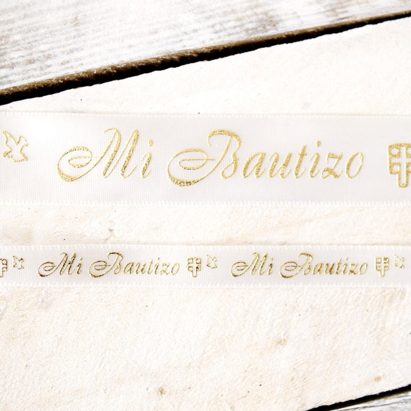 3/8" x 25 Yards Gold "Mi Bautizo" Printed Satin Ribbon for Baptism Favors