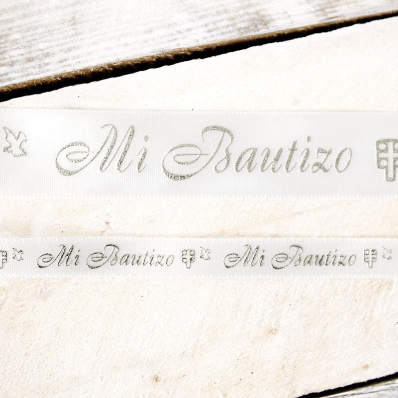 7/8" x 25 Yards Silver "Mi Bautizo" Printed Satin Ribbon for Baptism Favors