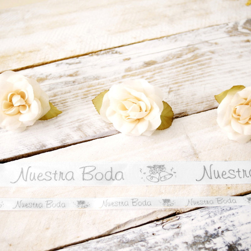 7/8" x 25 Yards Silver "Nuestra Boda" Spanish Printed Wedding Ribbon