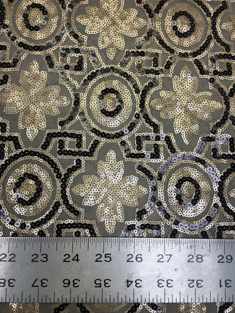 Polyester Non-Stretch Mesh Fabric - 3MM Geometric Design, Black/Gold, Black/Taupe