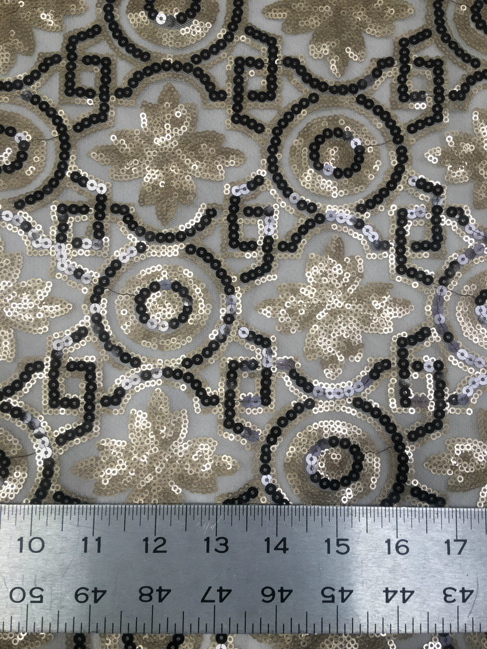 Polyester Non-Stretch Mesh Fabric - 3MM Geometric Design, Black/Gold, Black/Taupe