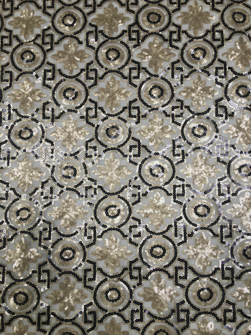 Polyester Non-Stretch Mesh Fabric - 3MM Geometric Design, Black/Gold, Black/Taupe