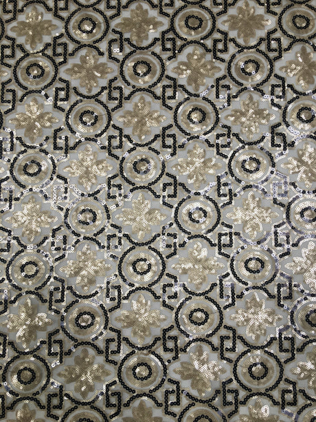 Polyester Non-Stretch Mesh Fabric - 3MM Geometric Design, Black/Gold, Black/Taupe