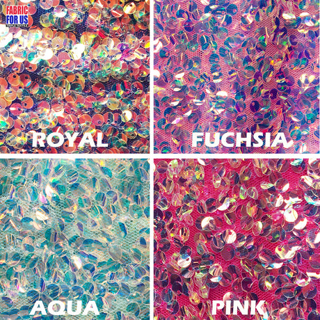 Holographic Glitz Mini Disc Sequins Polyester Fabric - Royal, Fuchsia, Aqua, Pink, 56" Wide