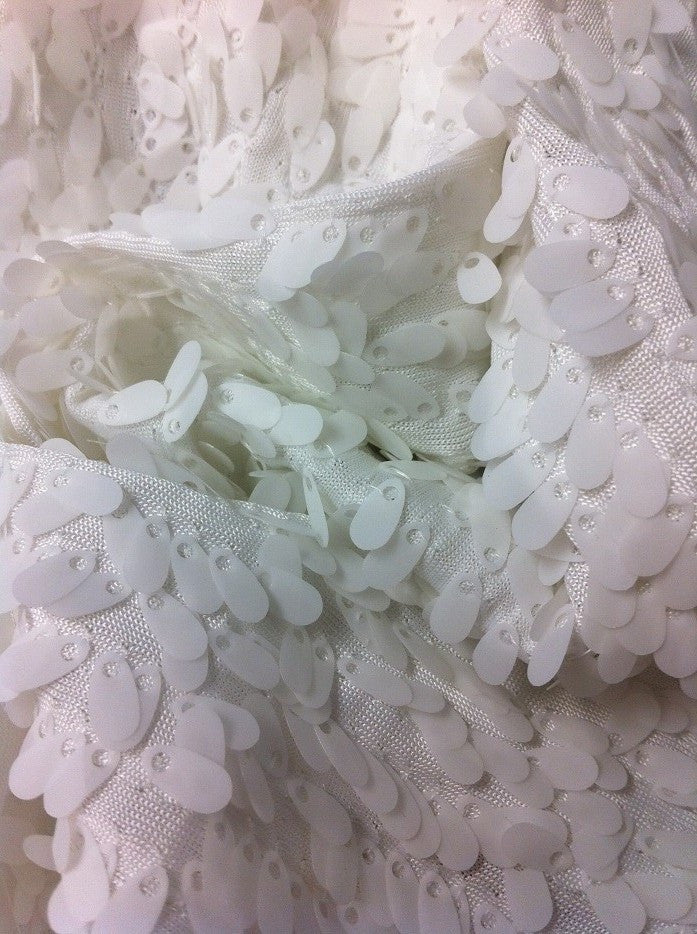4Mm Ivory Matte Oval Sequins On White Polyester Spandex Jersey Fabric - Ivory Matte Oval Sequins, White, 58" Width