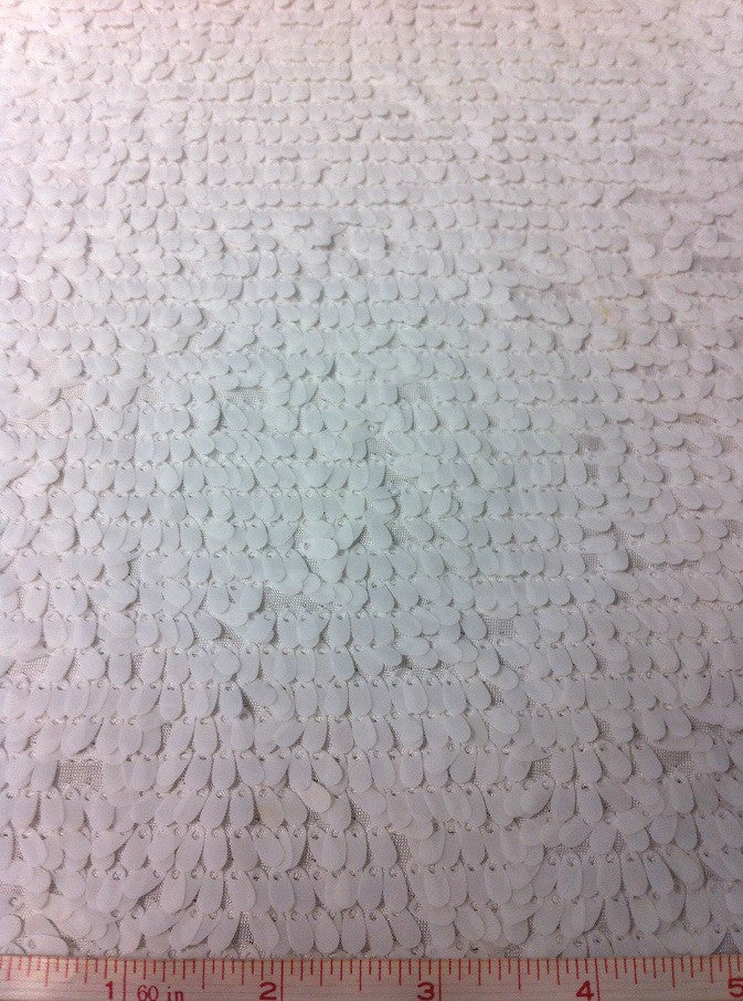 4Mm Ivory Matte Oval Sequins On White Polyester Spandex Jersey Fabric - Ivory Matte Oval Sequins, White, 58" Width