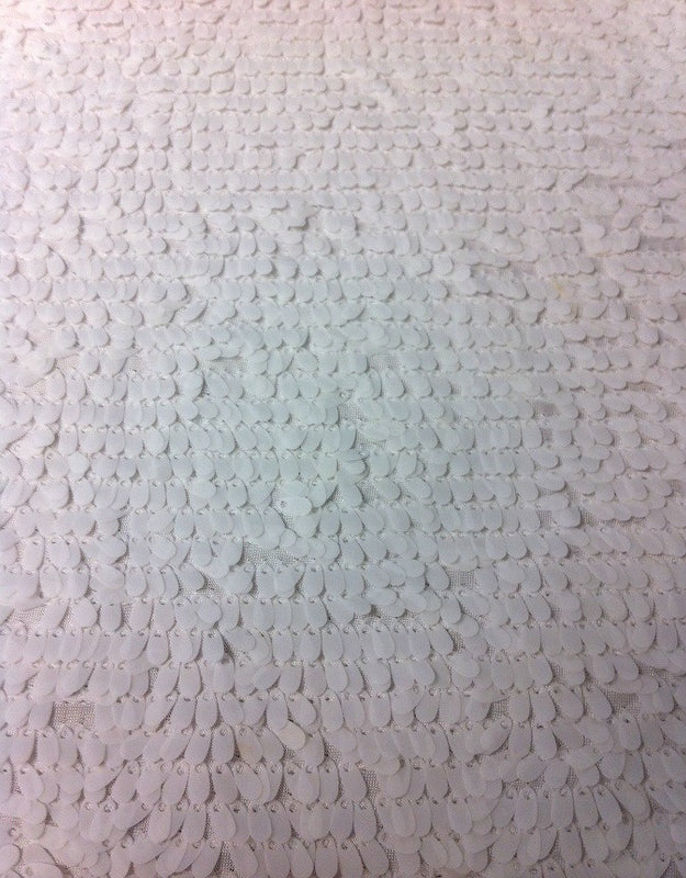4Mm Ivory Matte Oval Sequins On White Polyester Spandex Jersey Fabric - Ivory Matte Oval Sequins, White, 58" Width