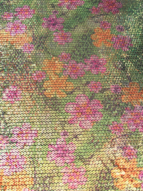 5 Mm Floral Print Sequins Polyester Fabric - Purple/Yellow, Royal/Pink, Green/Pink, 58" Width