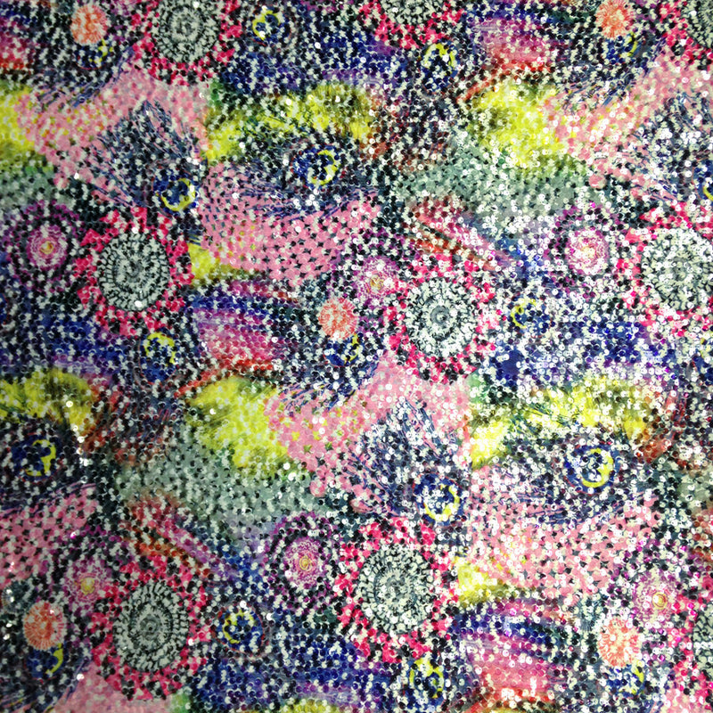 Abstract And Peacock Feather Design Polyester Spandex Fabric - Abstract Peacock Feather Pattern, 7Mm Sequins