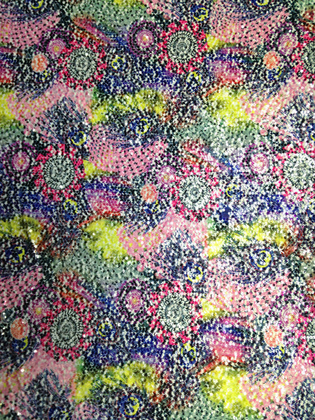 Abstract And Peacock Feather Design Polyester Spandex Fabric - Abstract Peacock Feather Pattern, 7Mm Sequins