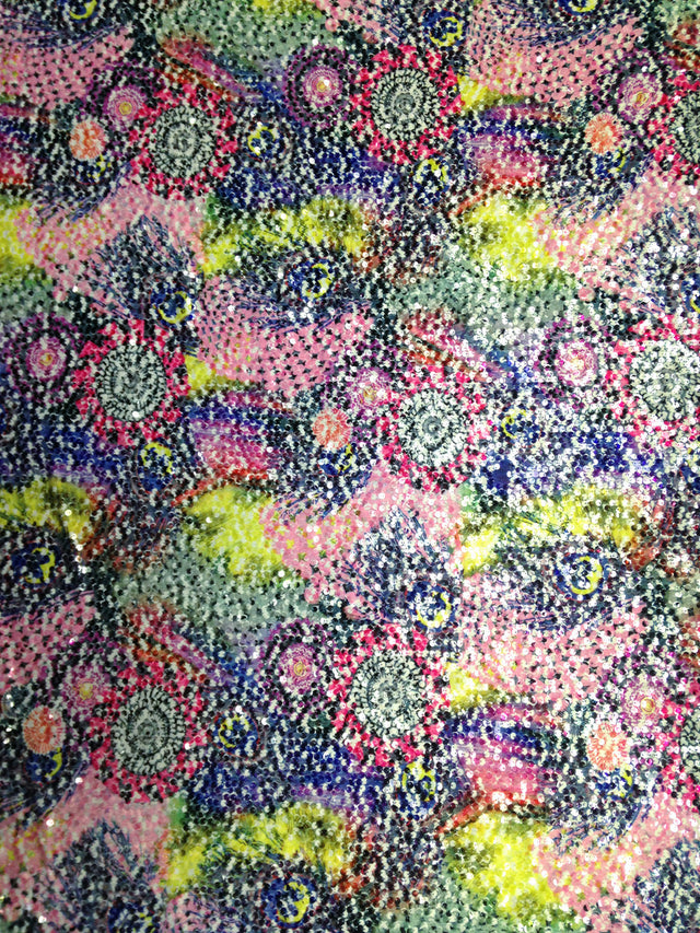 Abstract And Peacock Feather Design Polyester Spandex Fabric - Abstract Peacock Feather Pattern, 7Mm Sequins