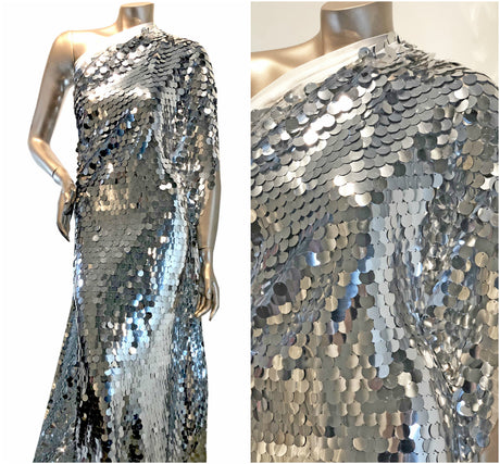 Polyester Mesh Fabric - 17Mm Payette Circle Overlapping Fish Scale Sequins, Mermaid, Gold, Silver, Dull White, Dusty Pink, 56/58" Width