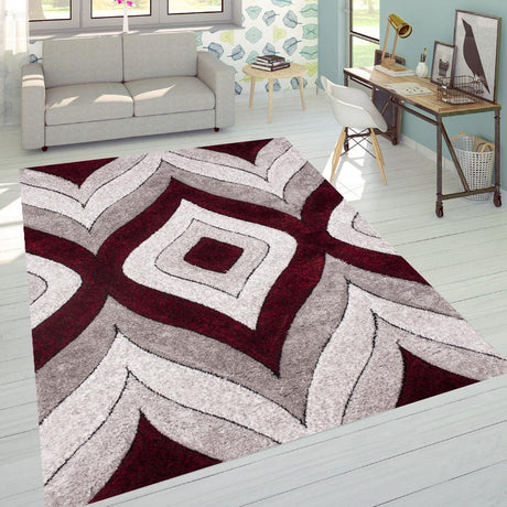 SR-721 Polyester Fabric - Plush Fluffy Shine 3D Geometric Design, Red/Silver/Yellow, 2' X 3", 5' 3" X 7' 5", 7' 6" X 10' 3" (1 Rug)