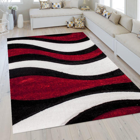 SR-725 Polyester Fabric - Red, White, Black 3D Wave Shag Area Rug, 2" Pile Height (1 Piece)