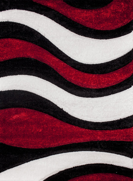 SR-725 Polyester Fabric - Red, White, Black 3D Wave Shag Area Rug, 2" Pile Height (1 Piece)