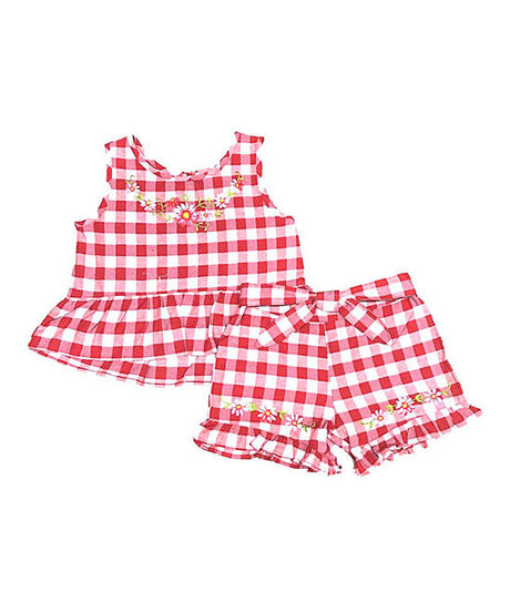 Girls Gingham Short Sets Cotton Fabric - Embroidered Gingham, Lime, Red, Black, Pink, Purple, Blue, Sizes 5-8 (1 Set)