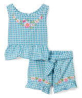 Girls Gingham Short Sets Cotton Fabric - Embroidered Gingham, Lime, Red, Black, Pink, Purple, Blue, Sizes 5-8 (1 Set)