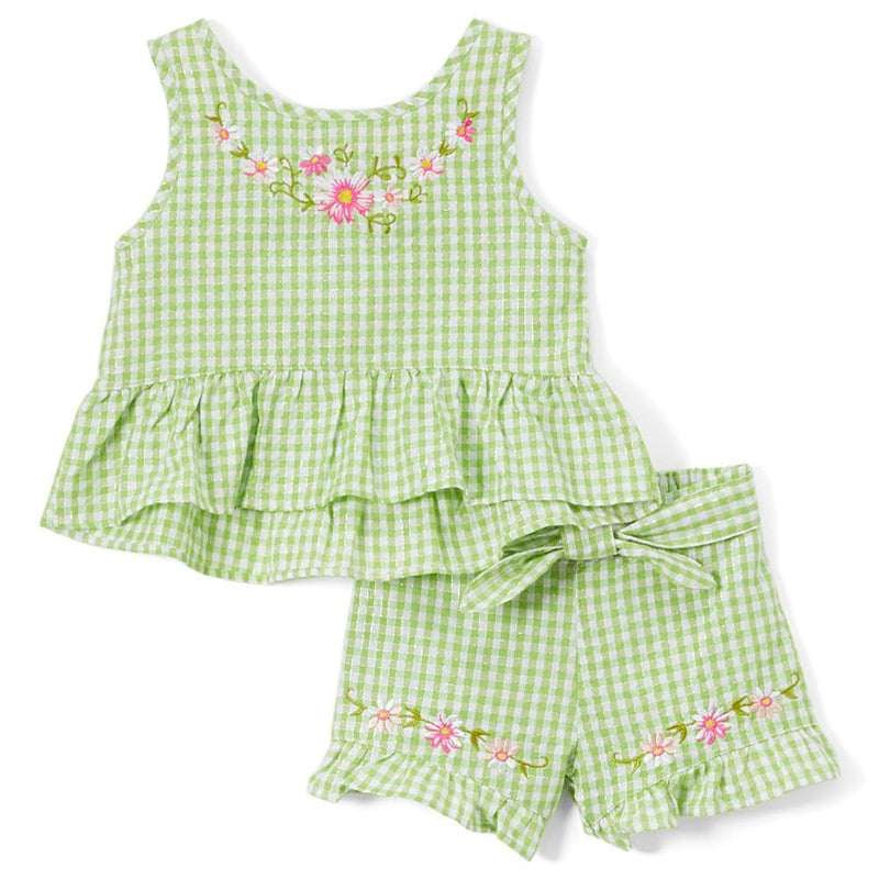Girls Gingham Short Sets Cotton Fabric - Embroidered Gingham, Lime, Red, Black, Pink, Purple, Blue, Sizes 5-8 (1 Set)