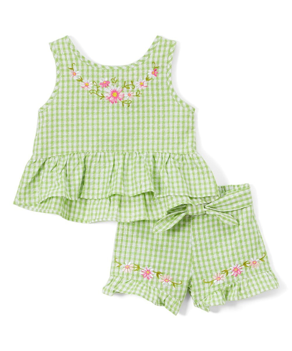 Girls Gingham Short Sets Cotton Fabric - Embroidered Gingham, Lime, Red, Black, Pink, Purple, Blue, Sizes 5-8 (1 Set)