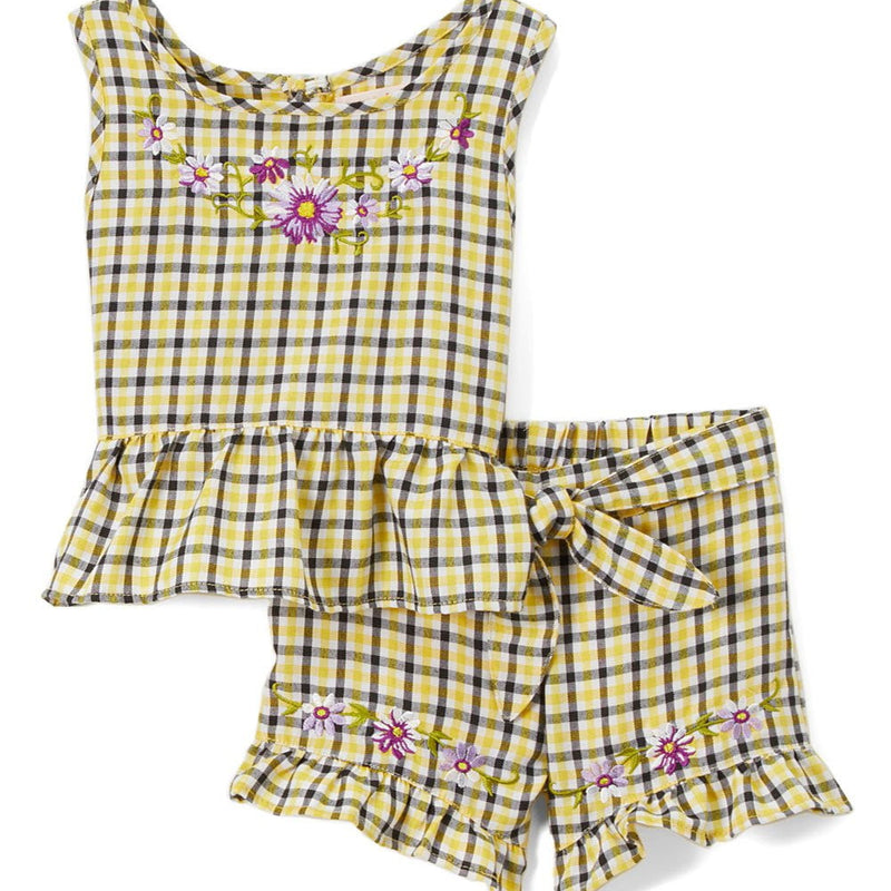 Girls Gingham Short Sets Cotton Fabric - Yellow Gingham, Embroidered, 2-8 (1 Set)