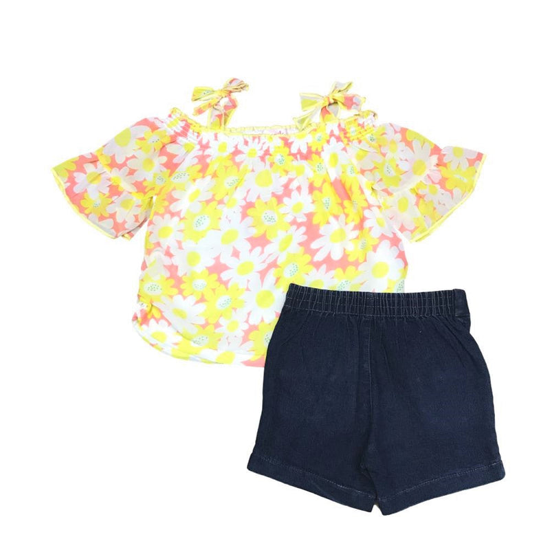 Unik Girl Cold Shoulder Floral Short Set - Chiffon Floral Top, Denim Shorts, Mint/Coral/Pink (Sizes 2-14)