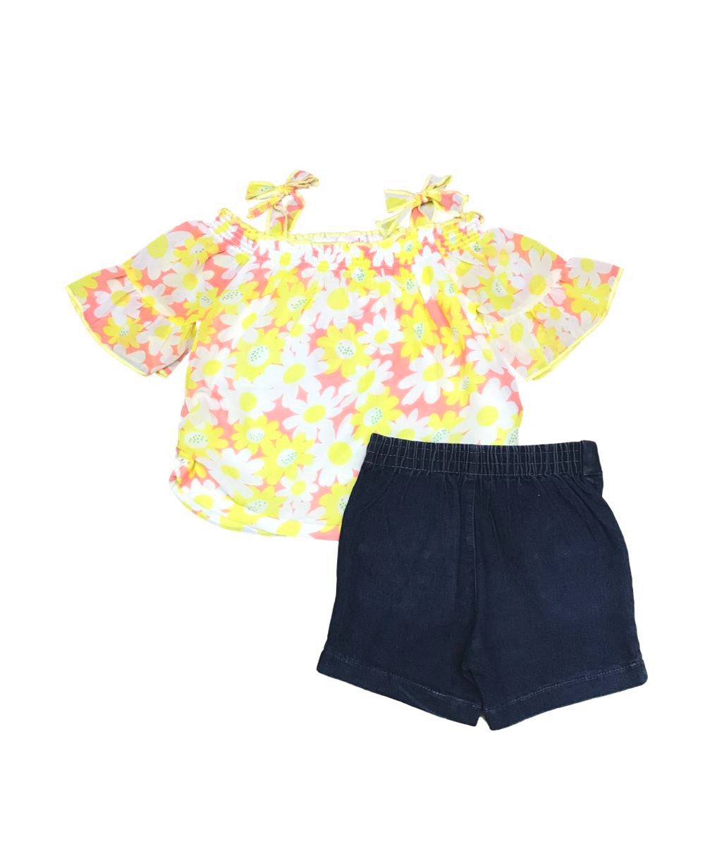 Unik Girl Cold Shoulder Floral Short Set - Chiffon Floral Top, Denim Shorts, Mint/Coral/Pink (Sizes 2-14)