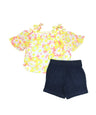 Unik Girl Cold Shoulder Floral Short Set - Chiffon Floral Top, Denim Shorts, Mint/Coral/Pink (Sizes 2-14)