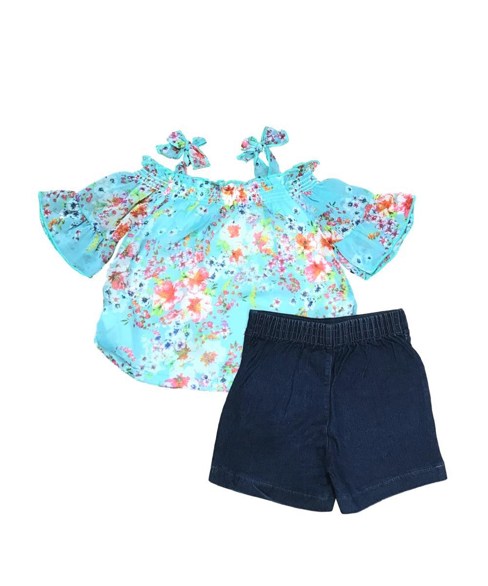 Unik Girl Cold Shoulder Floral Short Set - Chiffon Floral Top, Denim Shorts, Mint/Coral/Pink (Sizes 2-14)