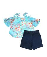 Unik Girl Cold Shoulder Floral Short Set - Chiffon Floral Top, Denim Shorts, Mint/Coral/Pink (Sizes 2-14)
