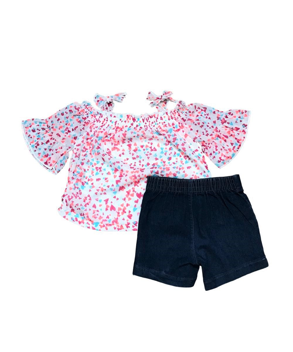 Unik Girl Cold Shoulder Floral Short Set - Chiffon Floral Top, Denim Shorts, Mint/Coral/Pink (Sizes 2-14)