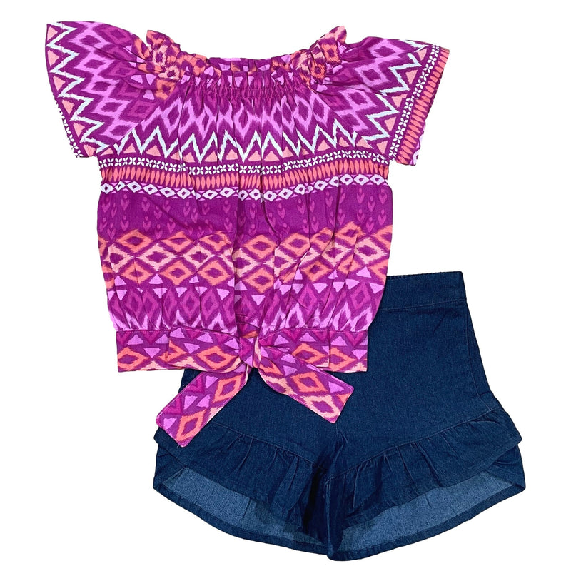 Girl Short Set 2-14 Cotton Blend Fabric - Cold Shoulder Chiffon Floral Top, Denim Shorts, Green Leaf/Fuchsia Diamond/Pink Diamond (1 Set)