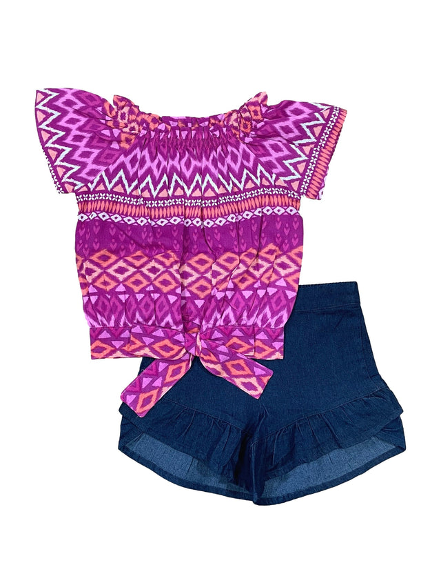 Girl Short Set 2-14 Cotton Blend Fabric - Cold Shoulder Chiffon Floral Top, Denim Shorts, Green Leaf/Fuchsia Diamond/Pink Diamond (1 Set)