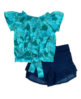 Girl Short Set 2-14 Cotton Blend Fabric - Cold Shoulder Chiffon Floral Top, Denim Shorts, Green Leaf/Fuchsia Diamond/Pink Diamond (1 Set)