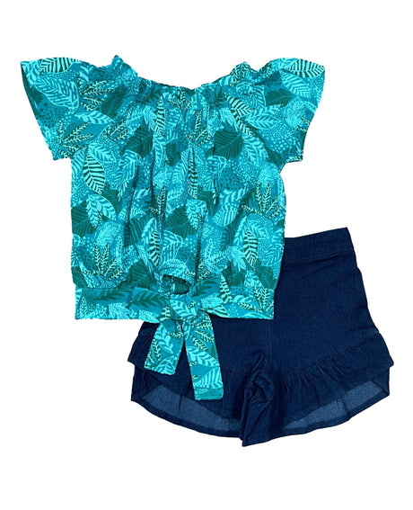 Girl Short Set 2-14 Cotton Blend Fabric - Cold Shoulder Chiffon Floral Top, Denim Shorts, Green Leaf/Fuchsia Diamond/Pink Diamond (1 Set)