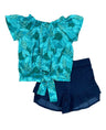 Girl Short Set 2-14 Cotton Blend Fabric - Cold Shoulder Chiffon Floral Top, Denim Shorts, Green Leaf/Fuchsia Diamond/Pink Diamond (1 Set)