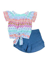 Girl Short Set 2-14 Cotton Blend Fabric - Cold Shoulder Chiffon Floral Top, Denim Shorts, Green Leaf/Fuchsia Diamond/Pink Diamond (1 Set)