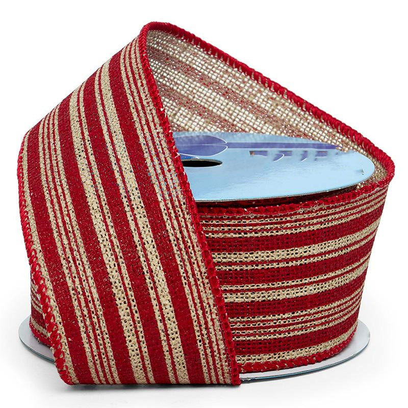 Striped Faux Burlap Wired Ribbon 2 1/2 '' X 10 yd Red / Natural Color 1 / roll