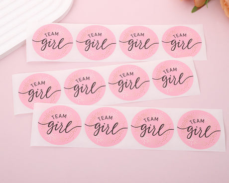 2" Round Pink / Gold "Team Girl" Baby Shower Gender Reveal Stickers - Pack of 48