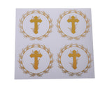 2 Inch Round Gold Cross Swirls Religious Transparent Vinyl Stickers Seal Pack of 48