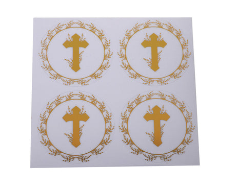 2 Inch Round Gold Cross Swirls Religious Transparent Vinyl Stickers Seal Pack of 48