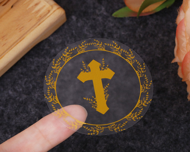 2 Inch Round Gold Cross Leaves Religious Transparent Clear Vinyl Stickers Seals Pack of 48