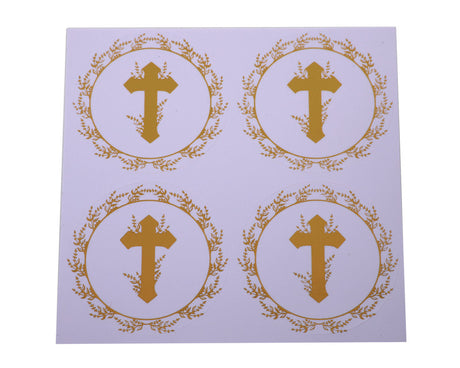 2 Inch Round Gold Cross Leaves Religious White Sticker Seals Pack of 48
