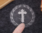 2 Inch Round Silver Cross Leaves Religious Transparent Clear Vinyl Stickers Seals Pack of 48