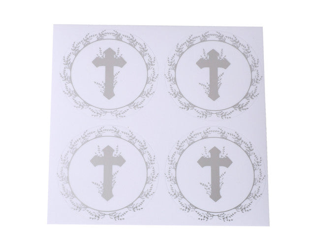 2 Inch Round Silver Cross Leaves Religious Transparent Clear Vinyl Stickers Seals Pack of 48
