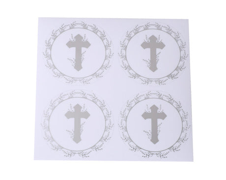 2 Inch Round Silver Cross Leaves Religious Transparent Clear Vinyl Stickers Seals Pack of 48
