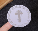 2 Inch Round Silver Cross Leaves Religious White Sticker Seals Pack of 48