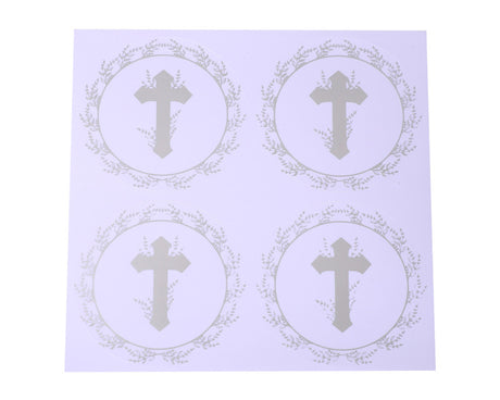 2 Inch Round Silver Cross Leaves Religious White Sticker Seals Pack of 48