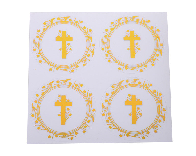 2 Inch Round Gold Cross Flowers Religious Transparent Clear Vinyl Stickers Seals Pack of 48