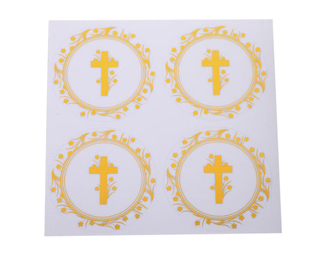 2 Inch Round Gold Cross Flowers Religious Transparent Clear Vinyl Stickers Seals Pack of 48